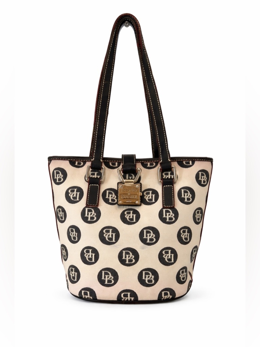 Dooney & Bourke Canvas Monogram Bucket Tote Bag Pink Lining Leather Trim Vintage